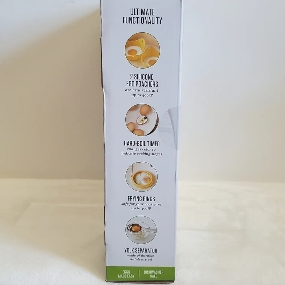 FOOD Network 6 Piece Egg Set Yolk Separator Egg Poachers Frying Rings Timer NIB